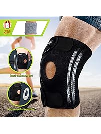 Knee Brace, Compression Knee Sleeve with Strap & 4 Flexible Spring Stabilizers for Best Support Free Gift for Wrist Brace Meniscus Tear Patella and LCL Knee Brace for Basketball Running Weight Lifting