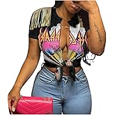 Fuiuwhs Women Graphic Tees Cut Up Tassel Shirts Fringe Open Front Crop Top Short Sleeve T-Shirt