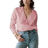 Daacee Women’s Big Collar Blouses Dressy Casual Long Sleeve V Neck Button Down Liene Shirts Ladies Tops(0780-Pink-L)