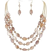 Firstmeet 3-Layer Mother of Pearl Beads Necklace with Earrings Oval Beads Pendant Jewelry for Women