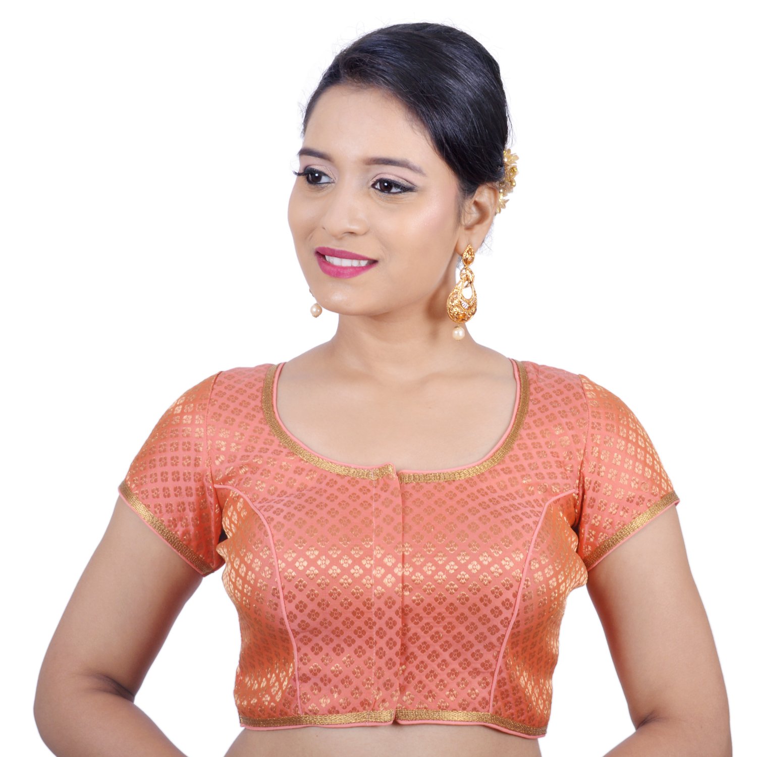 areum women's dark peach brocade padded readymade saree blouse