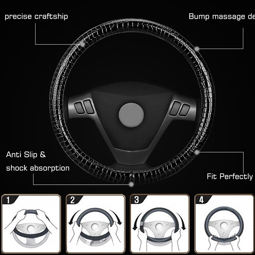 Car Steering Wheel Cover,Durable Crocodile Skin Anti-slip Universal Middle Size 15 Inch Black Nasibo