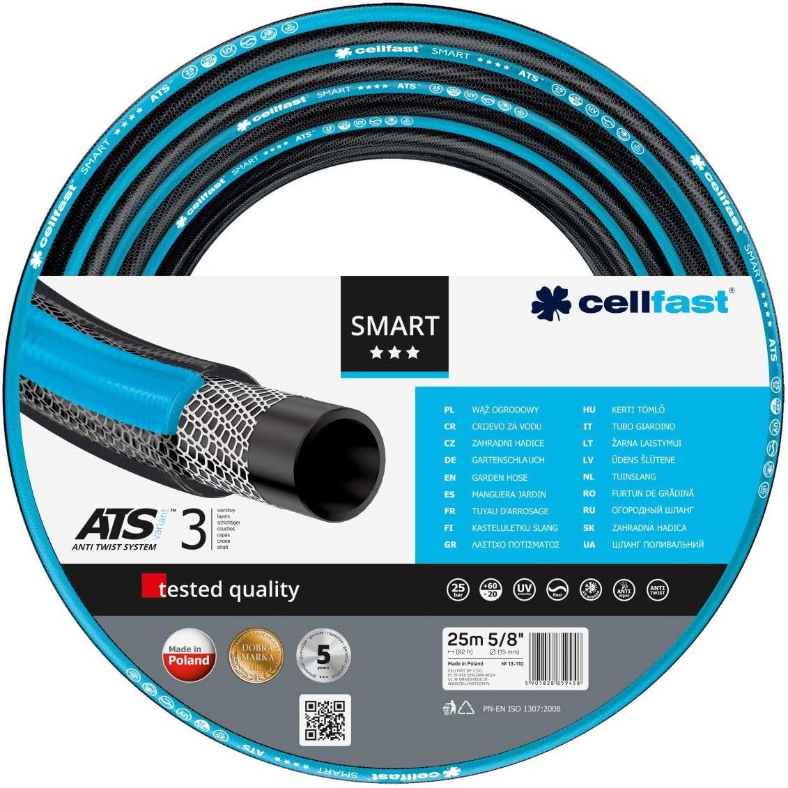 Cellfast Garden Hose SMART 5/8” 25m, Flexible and Three-layer Hose, Resistance to UV, Internal Part Resistant to Algae, 13-110, Black / Blue