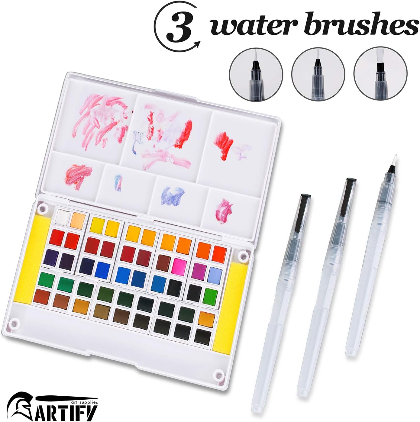 Artify Watercolor Field Sketch Set 48 Assorted Colors With 3 Brushes Perfect Watercolor Pan Set For Watercolor Paintings Cartoons Mini Travel