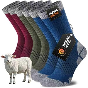 Niorasen Merino Wool Hiking Crew Socks for Men & Women, Thick Cushioned Anti-Blister, Moisture-Wicking, Seamless, 3/5 Pairs