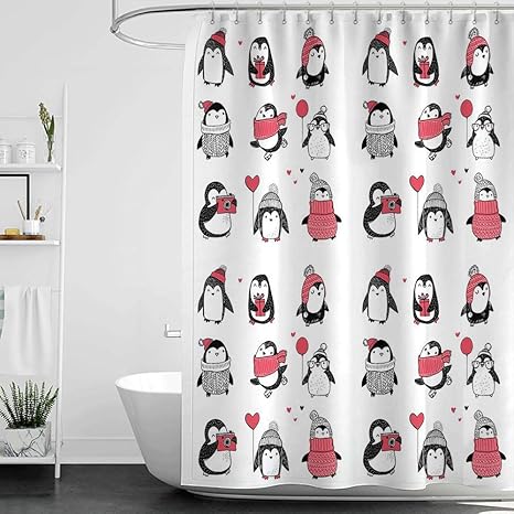 Amazon シャワーカーテングレープライム冬 かわいいペンギン手描きスタイルセットメリークリスマスの挨拶赤ちゃん子供幼児w48 X L72 浴室のシャワーカーテン 0x180 Cm シャワーカーテン ホーム キッチン オンライン通販