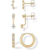 PAVOI 18K Gold Plated 925 Sterling Silver Posts Three Pairs Statement Earrings for Women - Cubic Zirconia Gold Earring Pack - Front Back Ear Jacket Crawler Stud Huggie Piercing Jewelry Set