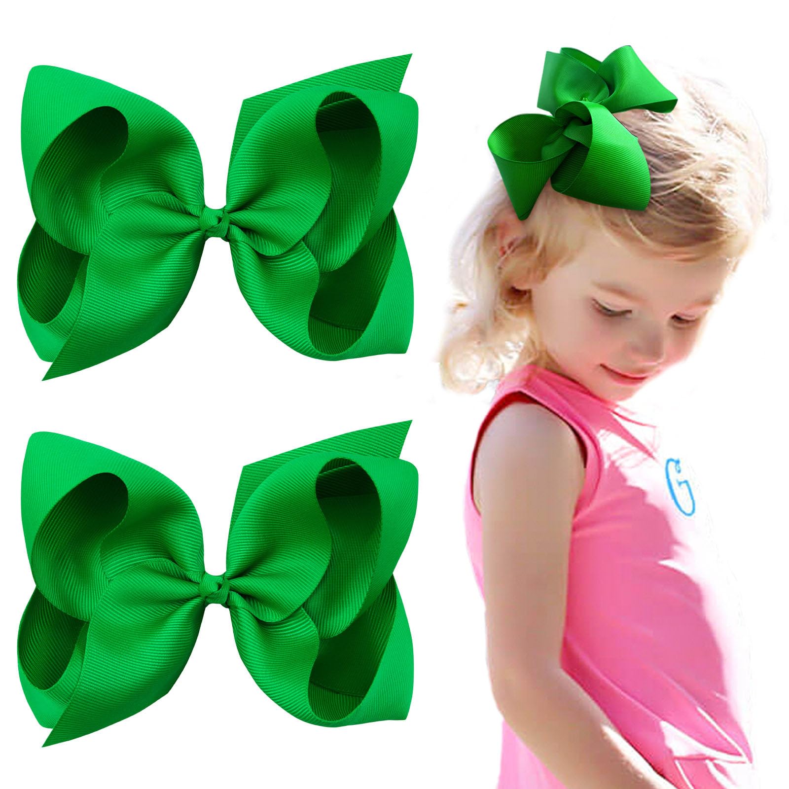 Photo 1 of 2PCS Oaoleer Green Layered Grosgrain Ribbon Hair Accessories - Alligator Clips and Barrettes for Baby Girls, Infants, Toddlers, Kids, and Teens (6inch-Type A, Green)