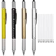 Zhanmai 4 Pieces Gift Pen for Men 6 in 1 Multitool Tech Tool Pen Screwdriver Pen with Ruler, Levelgauge, Ballpoint Pen and Pen Refills, Unique Gifts for Men (Gold, Black, Silver, Yellow)