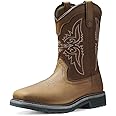 NINGO Men's Cowboy Boots Square Steel Toe, Full-Grain Leather & Oxford Splicing, Non-Slip Western Comfortable Work Boots with EH Protection, for Construction, Farming and Outdoor Work