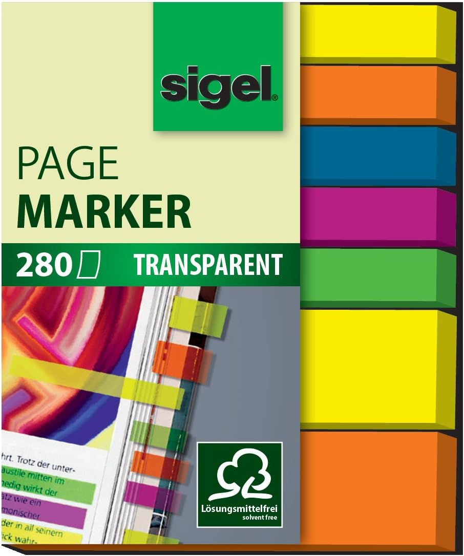 SIGEL HN616 Transparent Index Page Markers, 7 x 40 Strips, Blue/Pink/Yellow/Orange/Green