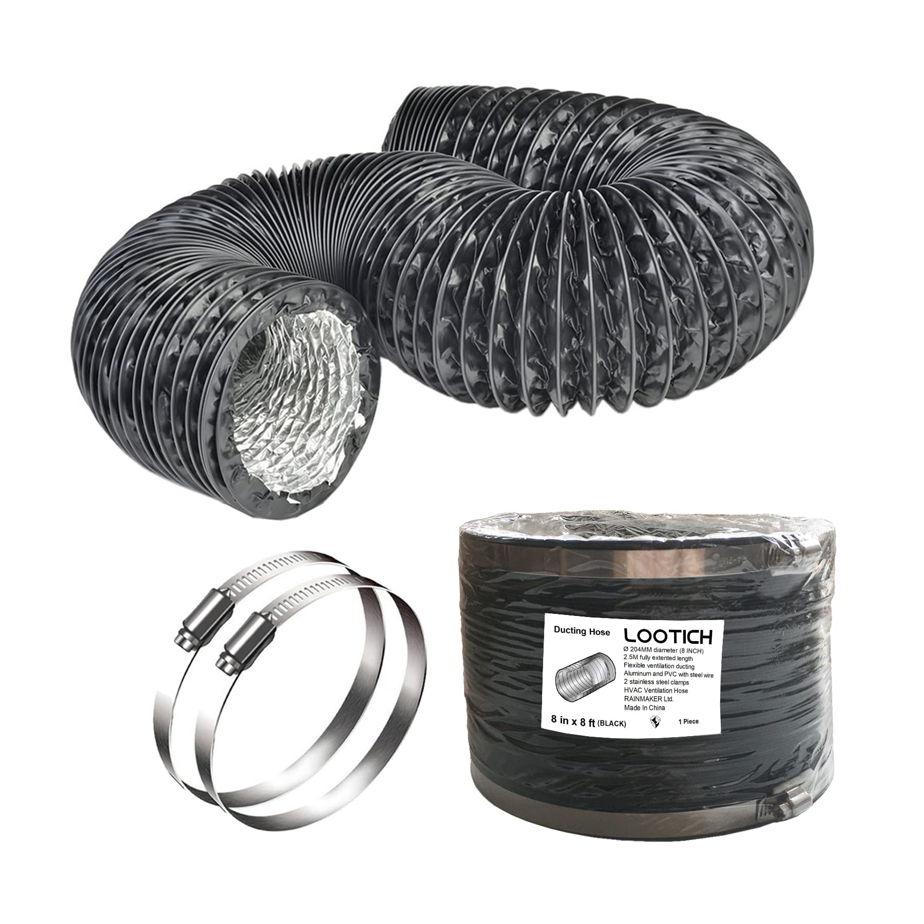 LOOTICH Strong 8 Inch Air Duct 8 FT Long Black PVC Flexible Aluminum Ducting with 2 Stainless Steel Clamps 4 Layer HVAC Ventilation Hose for Grow Tents Dryer Rooms House Vent Register Lines