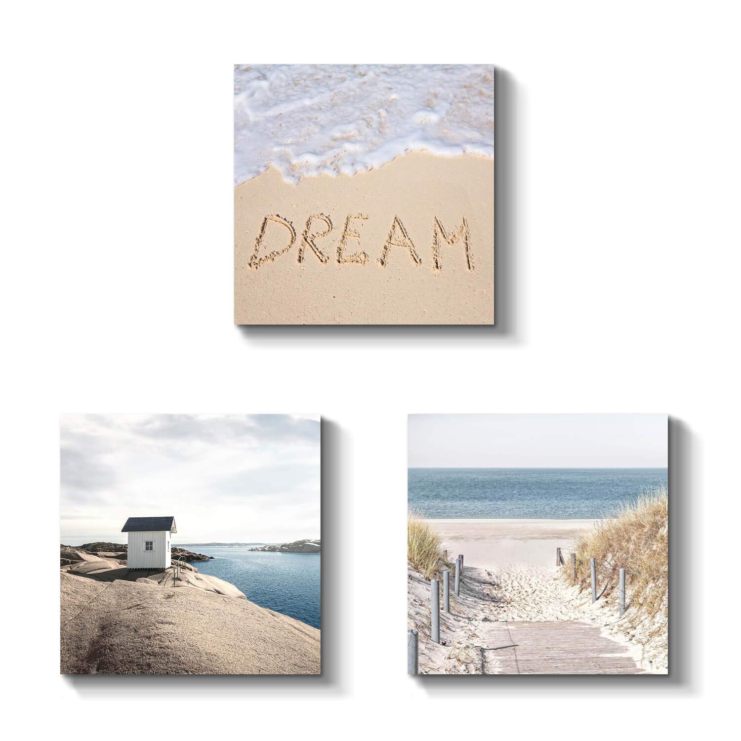 TAR TAR STUDIO Beach Scene Pictures Canvas Artwork: Seaside Boardwalk Painting Wall Art for Bedroom (12''W x 12''H x 3 PCS, Multiple Style)