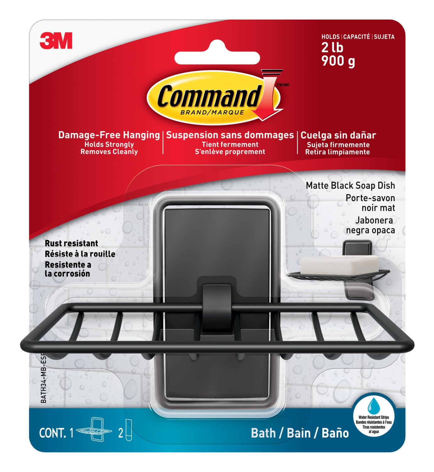 Command Bath Soap Dish, Matte Black - 1 Soap Dish for Bathroom + 2 Water-Resistant Strips – Damage Free Hanging
