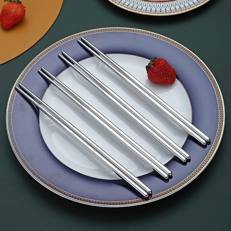 10 Paar Wiederverwendbare Essstäbchen, Edelstahl-Metall-Essstäbchen, Japanisches Chinesisches Koreanisches Essstäbchen Spülmaschinenfest, 8,9 Zoll (Silber/Essstäbchen) — Foto 3 von 7