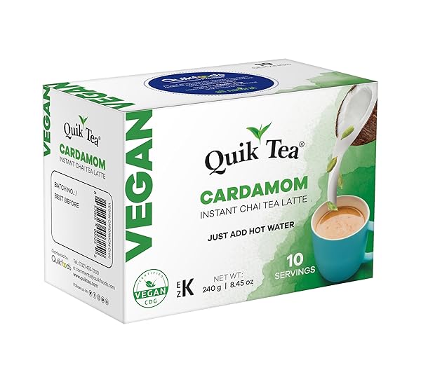 QUIKTEA VEGAN CARDAMOM INSTANT CHAI TEA LATTE – 10 COUNT SINGLE BOX – CONVENIENT, EASY AYURVEDIC DAIRY FREE ALTERNATIVE – ALL NATURAL NON GMO SUPERFOOD