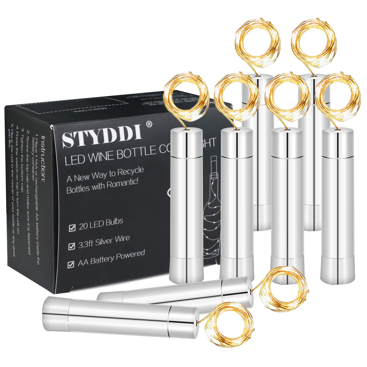 Wine Bottle Lights, 8 Packs Battery Powered, 20-Leds 39 Inch Warm White Wine Cork Starry String Fairy Lights for Bottle DIY, Christmas, Wedding, Halloween, Party, Festival Table Decorations LG04