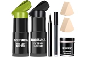 BOBISUKA Light Green & Black Face Body Paint Stick Kit with Black Lipstick & Eyeliner Pen, Setting Powder & 2 Sponges – Halloween Makeup Set for Beetle Juice, Demon, Monsters, Witches & Gothic Looks