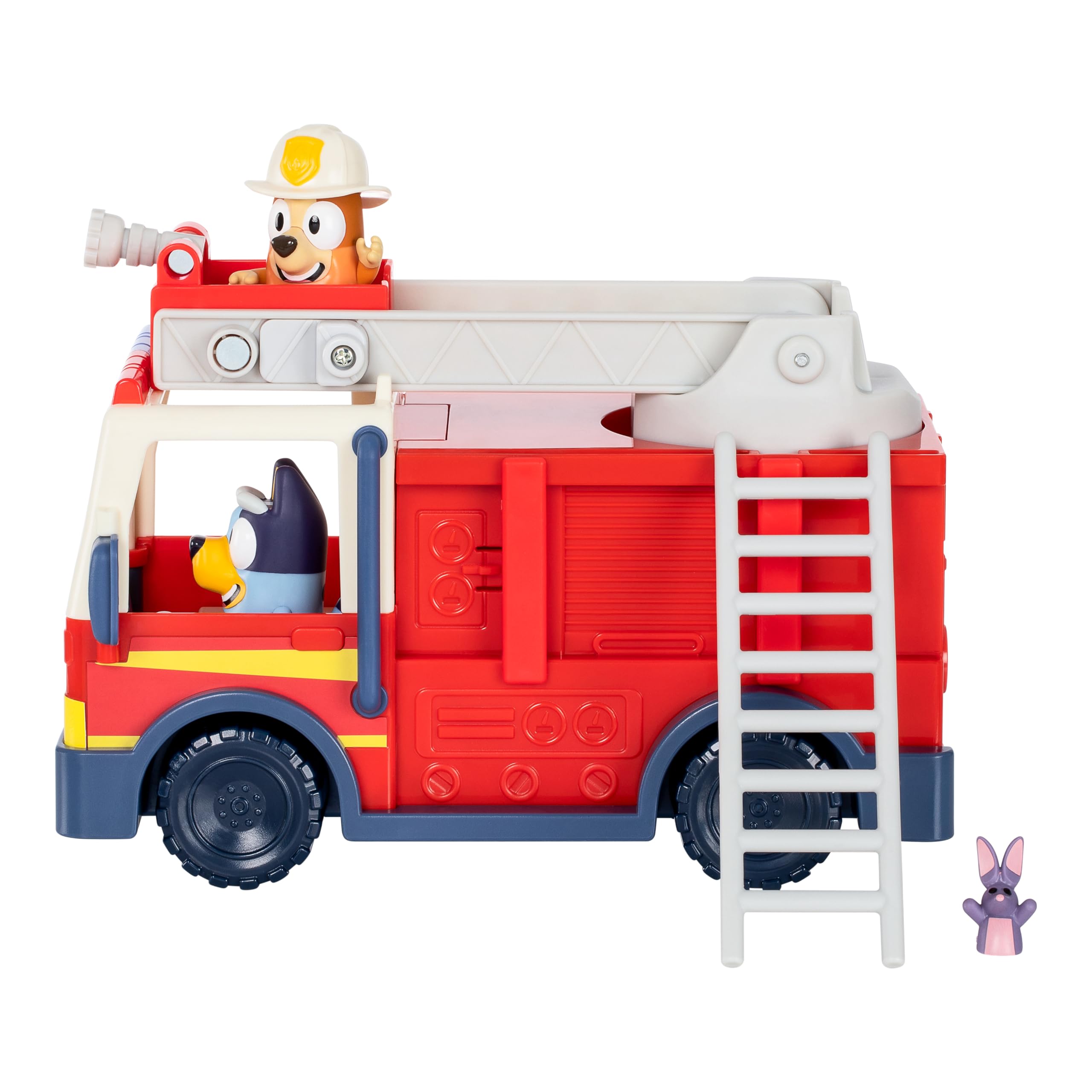 Bluey Firetruck Toy Playset with Firefighter Bingo, Bluey & Bob Bilby, Toddler Fire Truck w/ Spinning Ladder, Water Hoses for Kids Ages 3+