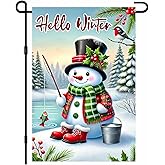 BlissYard Winter Garden Flag 12x18 Inch Hello Winter Snowman Flag Double Sided Seasonal Yard Banner Decoration Snowman Fishing for Outdoor Lawn Porch Patio Holiday Display