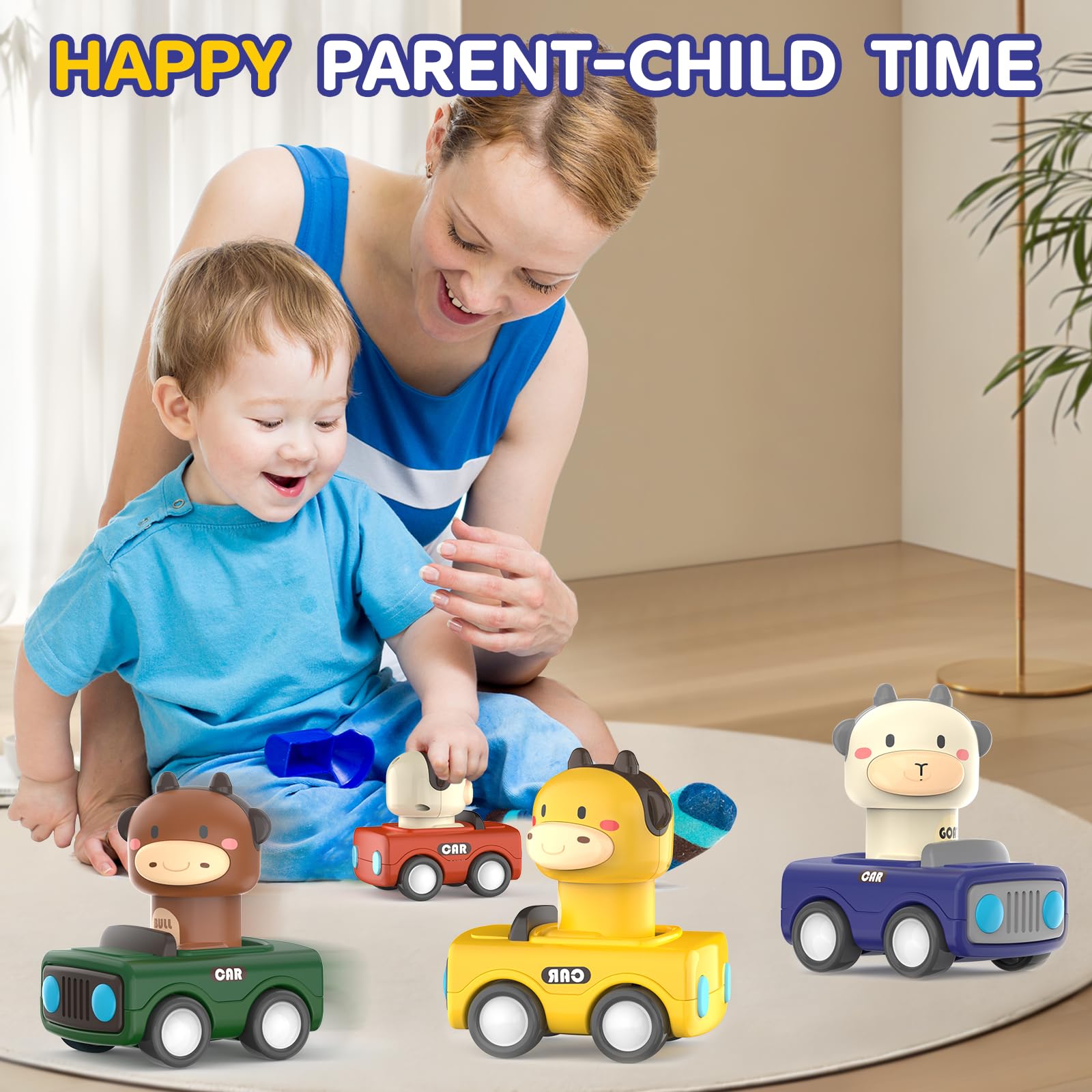MOONTOY Auto Spielzeug ab 1 Jahr Jungen und Mädchen,4 Stück Spielzeugauto Baby-Tier-Rennwagen,Press-and-Go Spielfahrzeug Set für Kleinkinder 10 12 18 Monate,Geschenk für Kinder ab 1 2 3 Jahr 3