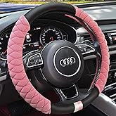 HAOKAY Luxury Fluffy Winter Steering Wheel Cover for Women Girls,Soft Warm Short Plush Steering Wheel Cover Pink Fuzzy with Universal 14.5-15 Inch