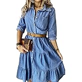 utcoco Womens Button Down Denim Dress Casual Loose Fit Cuffed Sleeve Ruffled Jean Dresses for Women 2025(no Belt)