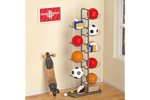 TIRYIUOU Ball Storage Rack Vertical Basketball Holder Garage Standing Ball Rack for Soccer Rugby Volleyball 9-Ball Capacity Black