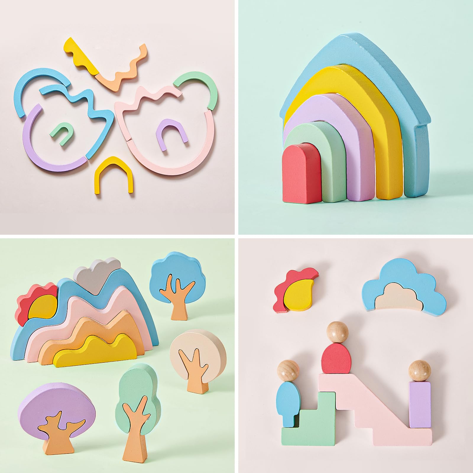 Lewo Wooden Building Blocks for Toddlers, 46 Pcs Montessori Stacking Toys with Rainbow/Little People/Tree/House/Mountain, Learning Toddler Toys Birthday Gifts for Baby Kids 3 4 5 Years Old
