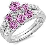 Dazzlingrock Collection 10K Gold Round Pink Sapphire & White Diamond 3 Stone Bridal Engagement Ring Set