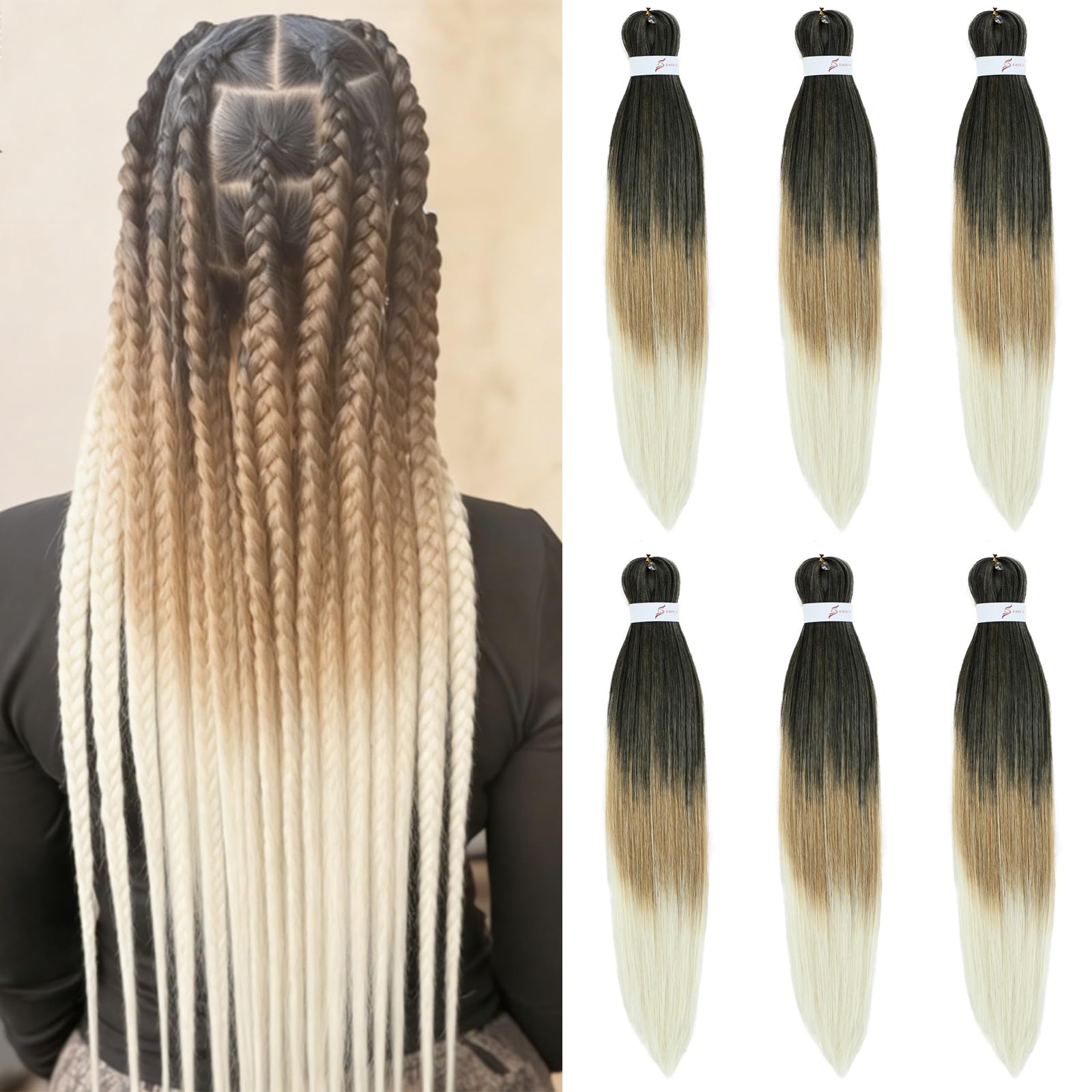 X-Tress 6 Packs Pre Stretched Braiding Hair Extension 26" Yaki Texture Hot Water Fiber Ombre Blonde EZ Braids Kanekalon Hair 3 Tone Colors Braids Braiding Crochet Hair Extension(T4/27/613) โ image 1
