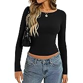 DCCISU Women's Boat Neck Long Sleeve Ribbed Tops Fitted Basic Shirts Soft Stretch Slim Going Out Tops