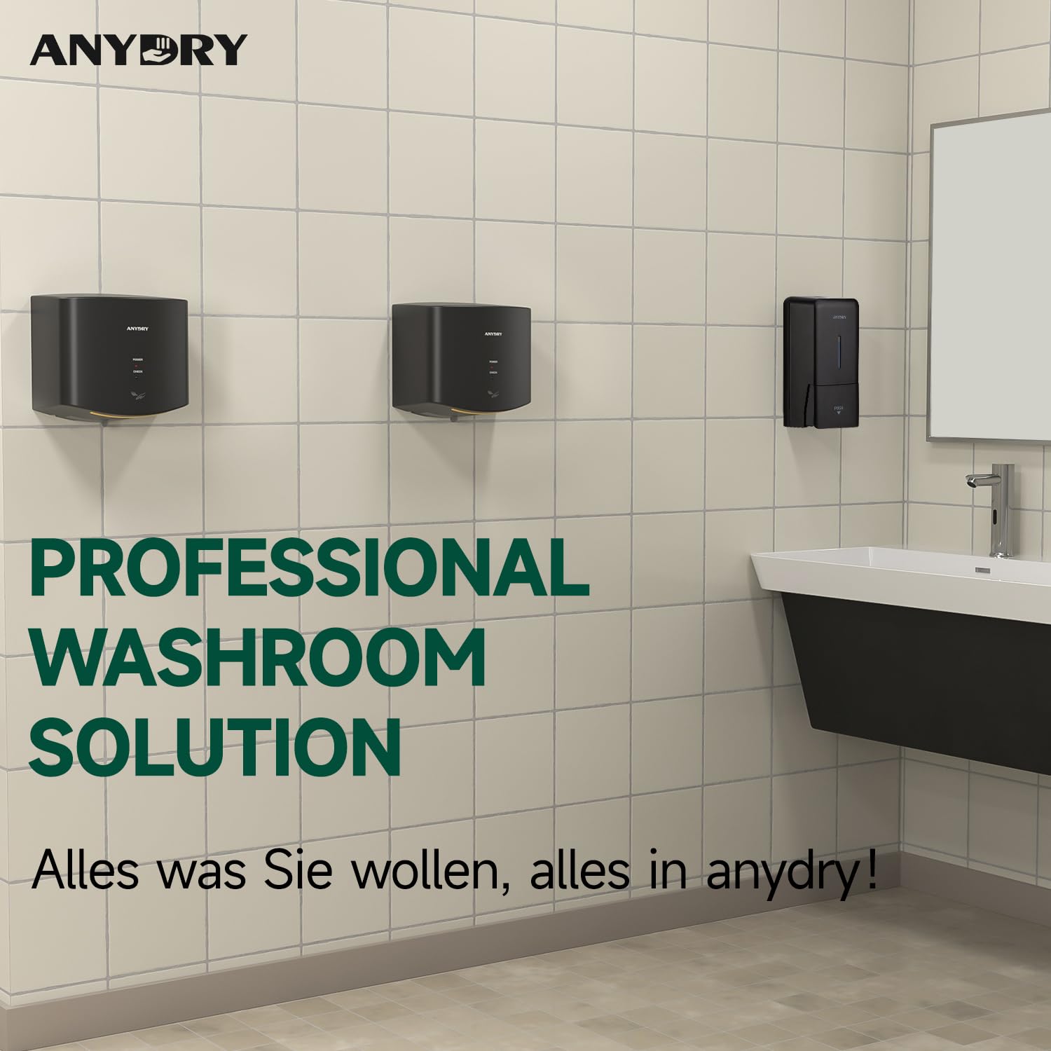 anydry 2630S Kompakter Händetrockner,Automatischer Elektrischer Händetrockner für Wandmontage,Für Gewerbliche oder Private Zwecke,Händetrockner für Toiletten.1400-1650W.(Schwarz) 4