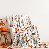 Tudomro Fall Pumpkin Throw Blanket Watercolor Leaves Plush Flannel Blanket Soft Fall Harvest Cozy Throw for Home Couch Bed Sofa Thanksgiving Holiday Decorations, 50 x 60 Inches (Orange and Green)