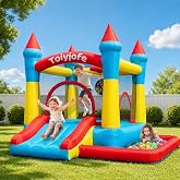 Bounce House for Kids 3-6, Toddler Indoor Outdoor Inflatable Bouncy Castle | 5-in-1 Small Jump House with Slide &amp; Ball Pit &amp; Hoop for Backyard Family Home Birthday Party, Includes 370W Blower