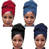 Youme Stretch Jersey Head Wrap Stretchy Knit Turban Headwraps Long Hair Scarf Urban African Head Wrap Head Band Ultra Breathable Soft Turban Tie for Women (Black Navy Blue Red Blue), Large
