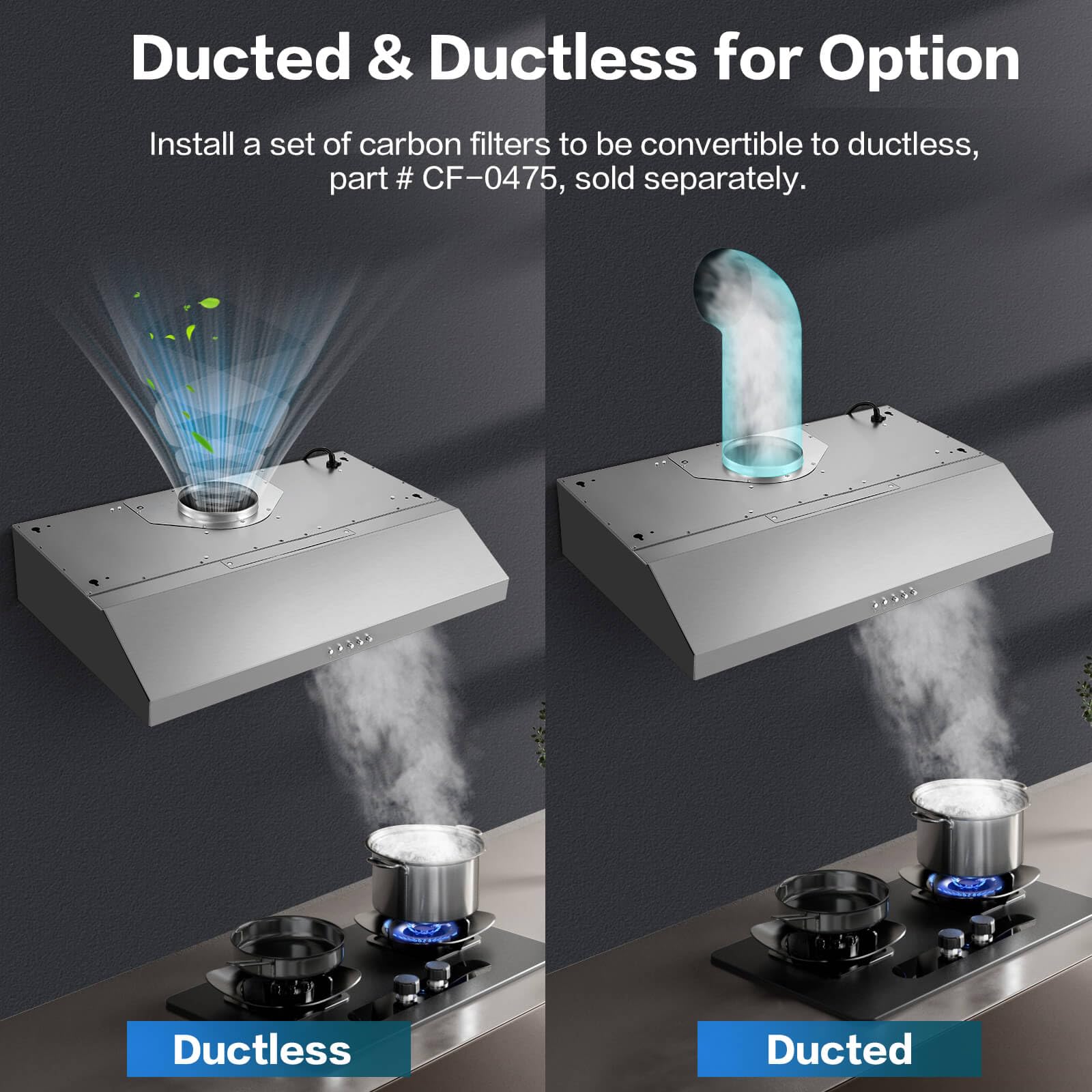 SNDOAS Range Hood 30 inch Under Cabinet,Stainless Steel Ducted/Ductless Range Hood 30 inch,3 Venting Ways Stove Hood,700 CFM Kitchen Vent Hood with 3 Speed Exhaust Fan,Push Button Control