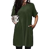 KISSMODA Women's Tunics or Tops to Wear with Leggings Short Sleeve Casual Long Tunics with Pockets T Shirts Loose S-3XL