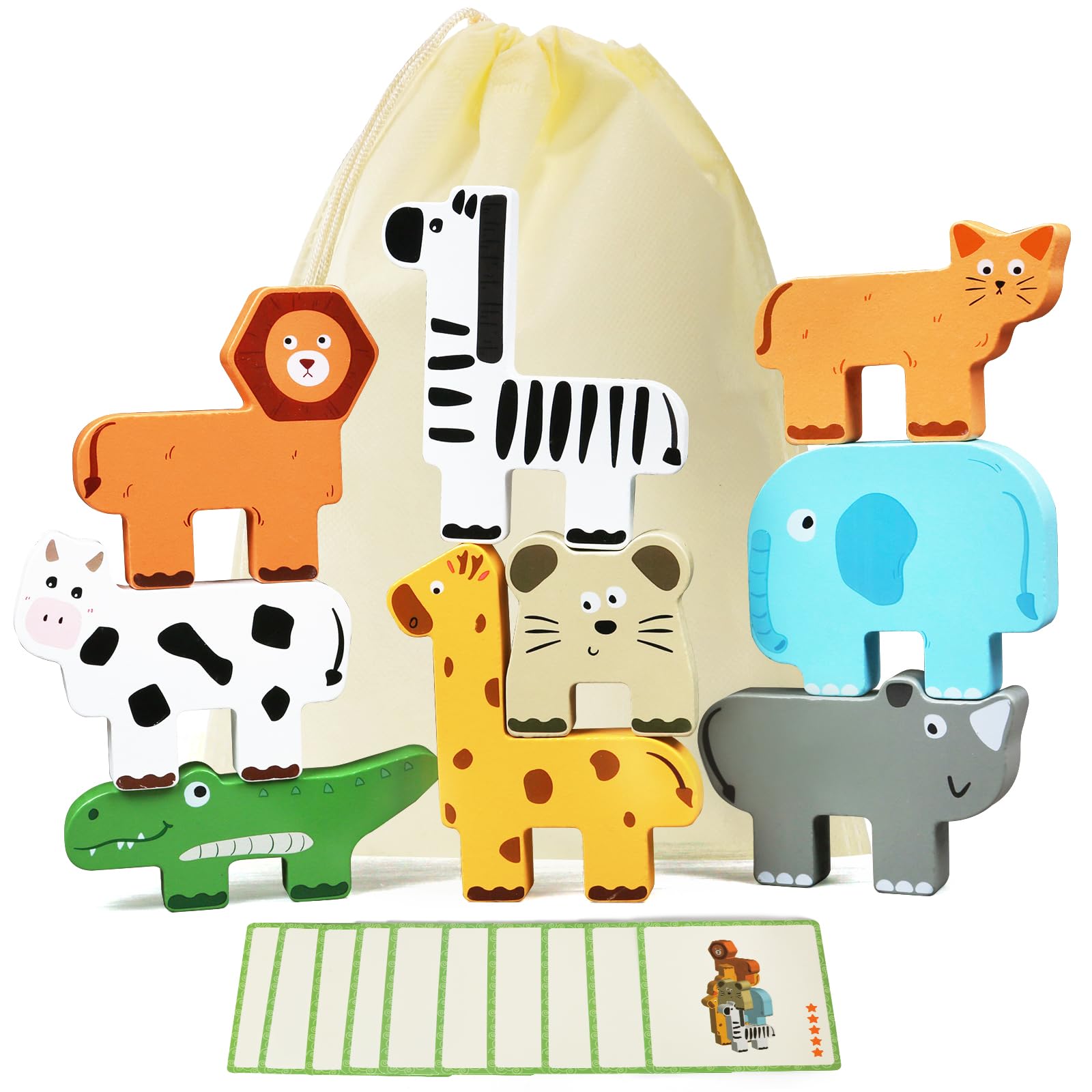 JugueteLand Wooden Animal Blocks Stacking Toy for Toddlers, Montessori Balance & Stacking Game with Safari Animals Educational Wooden Toy for Kids Ages 18M+