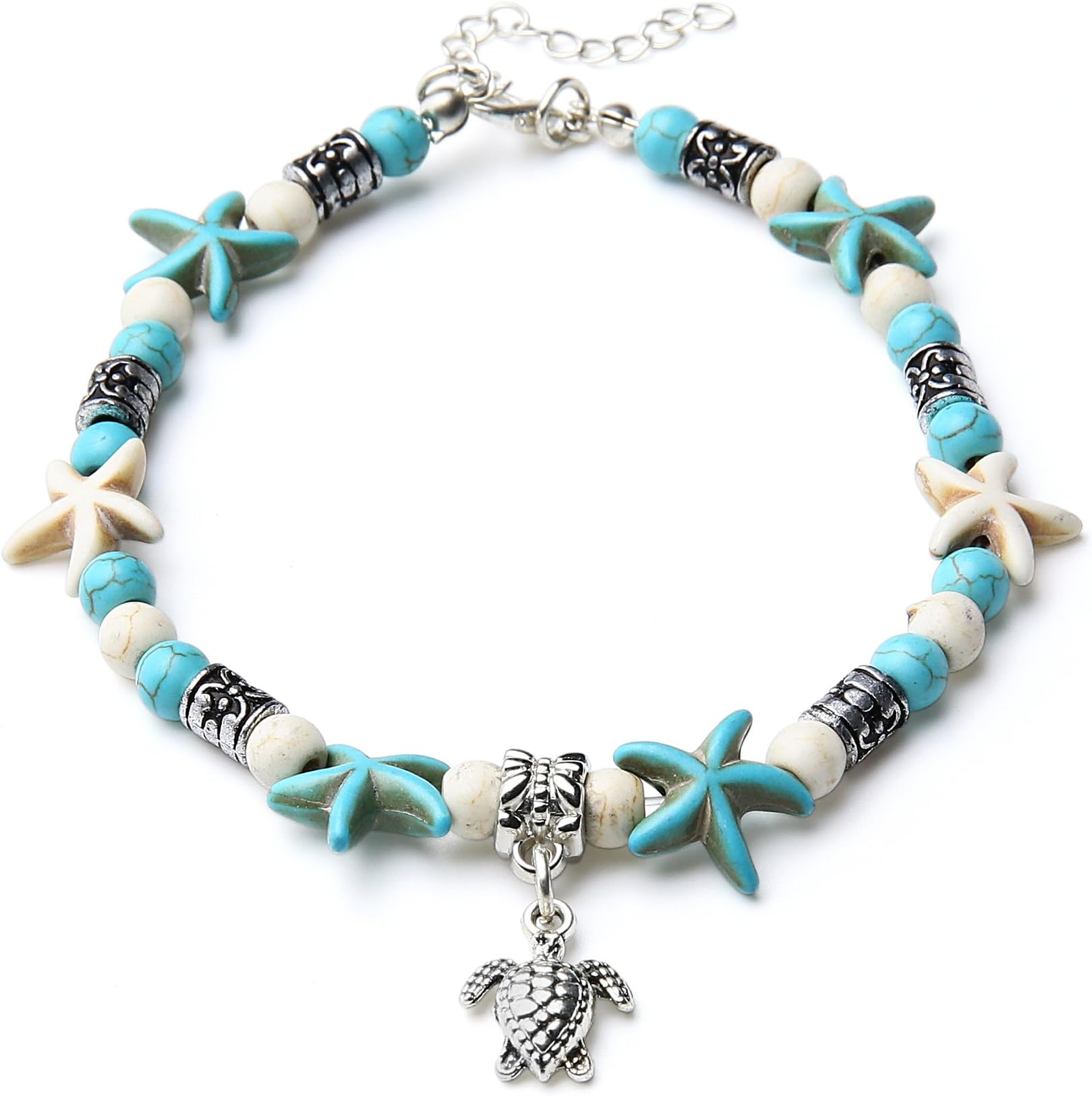 Starfish Charm and Turquoise Pearl Bead Link Anklet