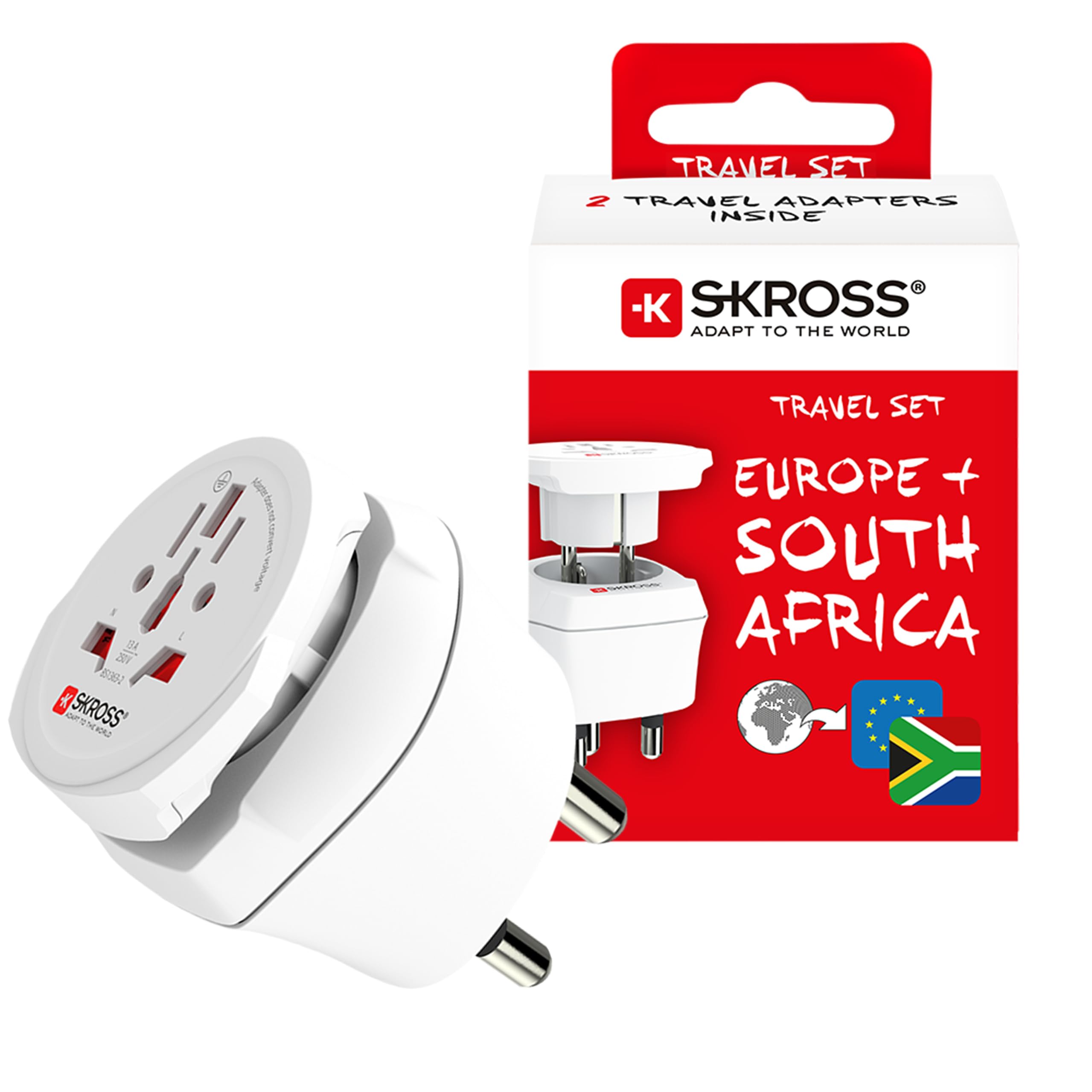 SKROSS Combo World to South Africa Travel Adapter - Universal Adapter for 2- & 3-Pole Devices from 220+ Destinations, Swiss-Engineered for SA, Namibia, Swaziland, Lesotho, Bhutan & more (Type M)