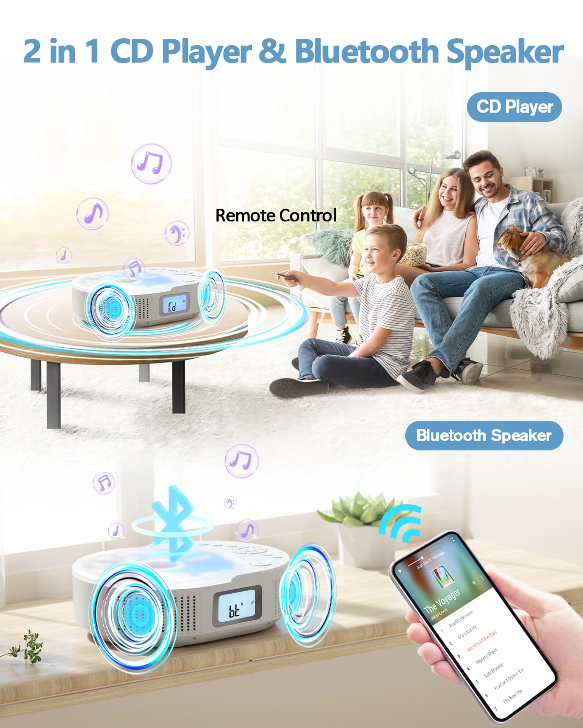 CD Player Portable, FELEMAN Upgraded Boombox CD Player & Bluetooth Speaker 2 in 1 Combo, Rechargeable Portable CD for Car/Home with Remote Control, FM Radio, Support AUX/USB, Headphone Jack