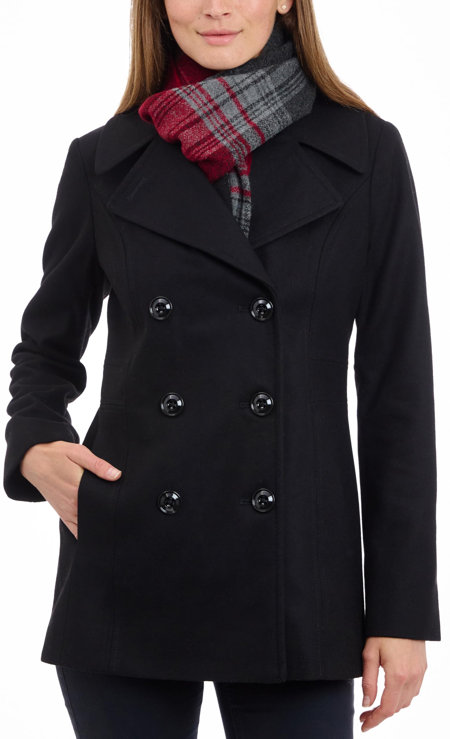 Photo 1 of LONDON FOG womens Double Breasted Peacoat With Scarf Pea Coat, Black, Medium US