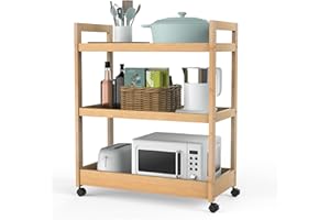Purbambo Kitchen Storage Cart on Wheels, 3 Tier Bamboo Rolling Cart, Mobile Utility Cart for Home, Kitchen, Dining Room, Coffee Bar