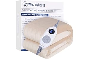 Westinghouse Heated Blanket Throw, Electric Throw with 6 Heating Levels, 2-10 Hours Time Settings, Overheat Protection, Machine Washable, Flannel (Throw, 50x60 Inches, Beige)