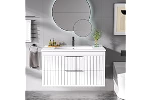 Buytime 30" Bathroom Vanity with Sink, Floating Vanity Bathroom Sink Cabinet Wall Mount, Soft-Close Function 2 Large Drawers, Grooved Stripe Design, Hidden Damping Drawers, White