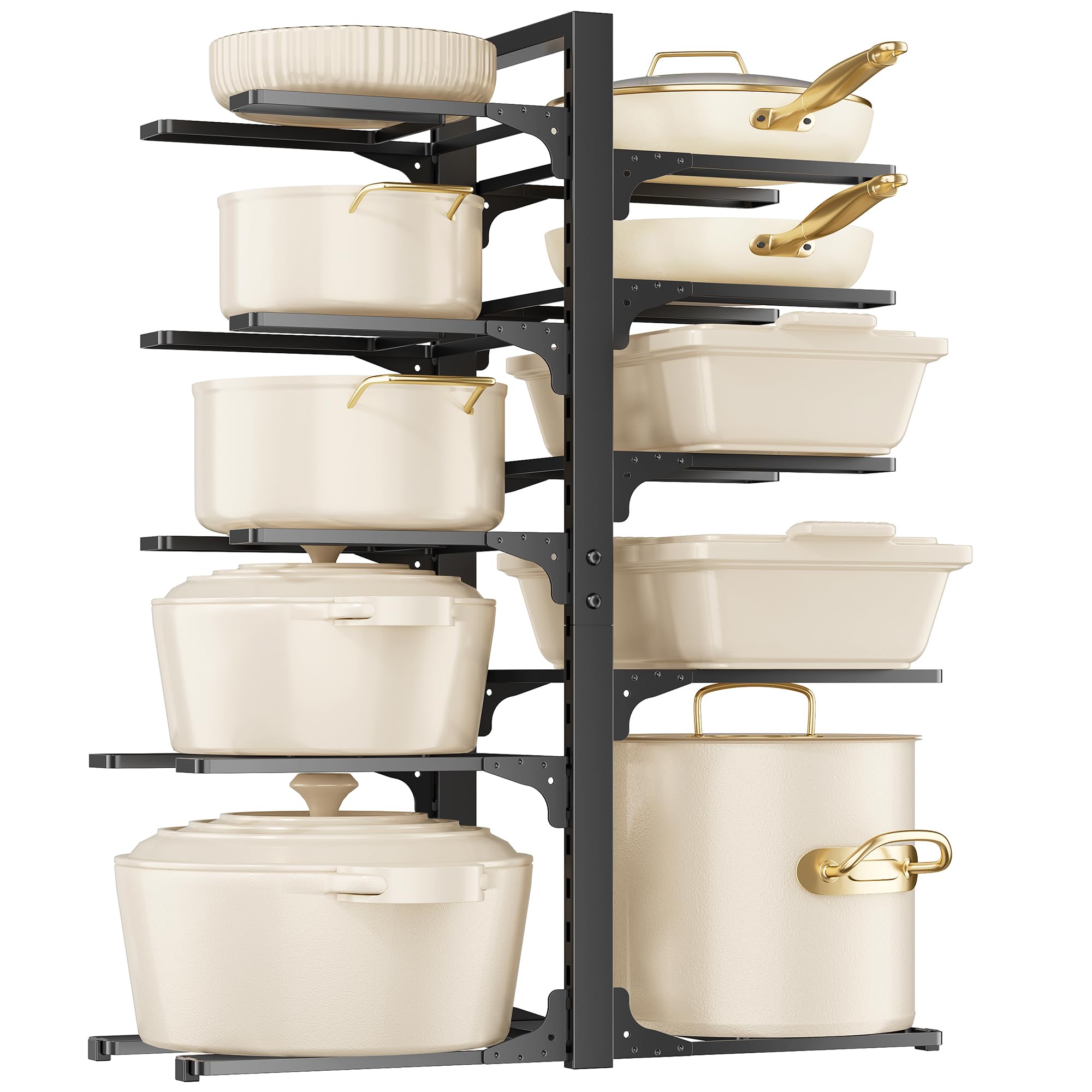 MUDEELA Potten en pannen Organizer Rack onder Kast 37 cm Hoogte, 8-laags Verstelbaar Pot Rack met 3 DIY Methoden, Pot Deksel Organizer in Kast voor Keuken Pantry Organisatie en Opslag