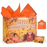 Lednica Large Happy Thanksgiving Gift Bags with Tissue Paper and Greeting Card, Fall Leaves, Pumpkins and Turkey Treat Favors Bags for Thanksgiving Day Autumn Harvest Party Supplies, 11.8"x9.5"x5.3"
