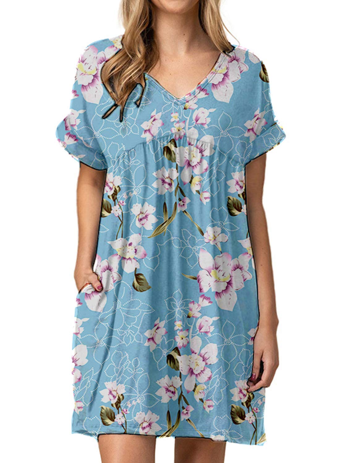 Photo 1 of Jayscreate Women's Summer Shift Dress Baby Doll with Pockets Casual V Neck Flowy Tunic Pleated Mini Floral Print Sundresses Dresses for Women Loose Fit