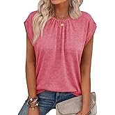 Tankaneo Womens Cap Sleeve Tank Tops Summer Pleated Elastic Crew Neck T Shirts Casual Loose Fit Basic Tees
